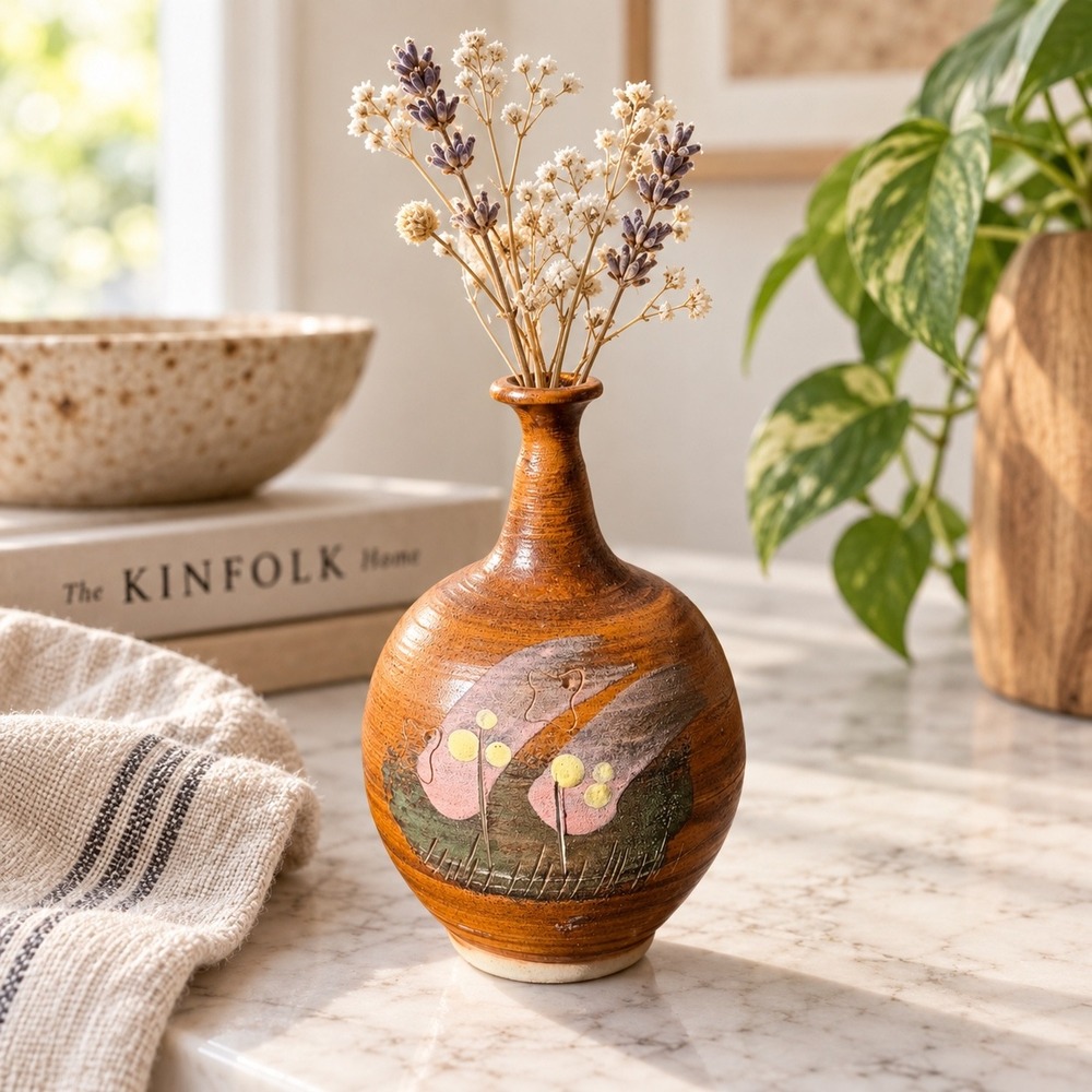 Studio Pottery Bud Vase Hand Painted Floral Brown Glazed Ceramic 3 inch